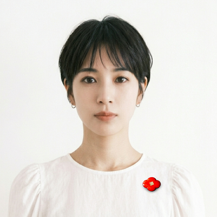 螺鈿ブローチ「たゆたう」(赤）菅野かおり作。着用イメージ。