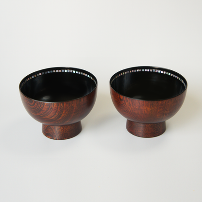 Lacquered mother-of-pearl bowl with rim design (wood grain) (Set of 2)