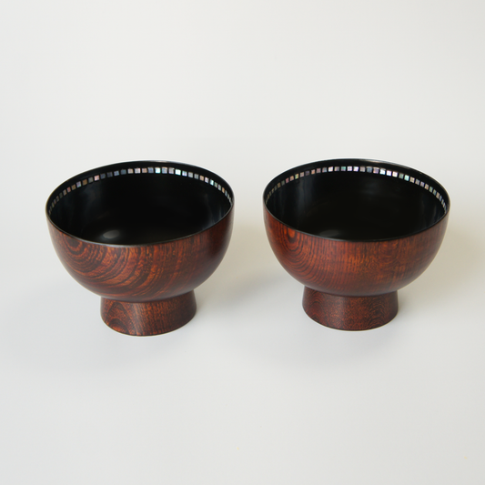 Lacquered mother-of-pearl bowl with rim design (wood grain) (Set of 2)